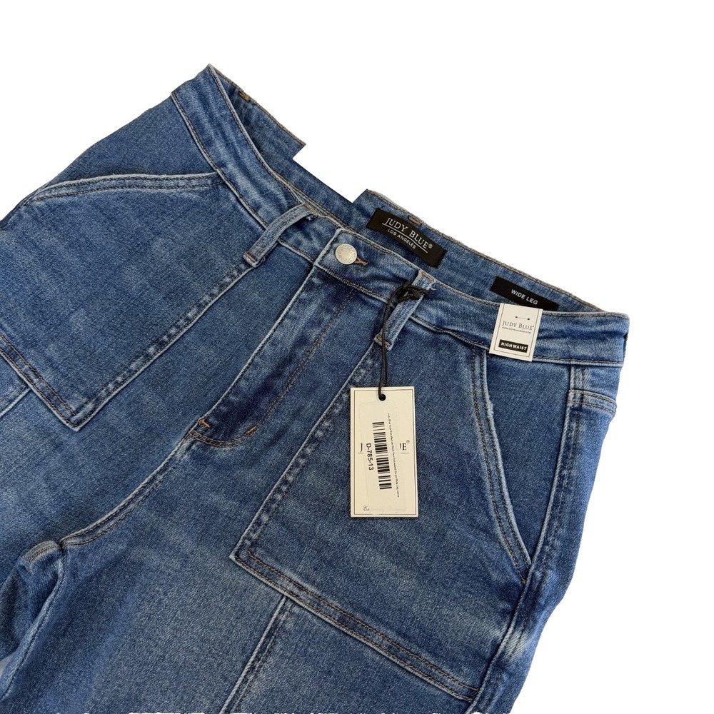 New Judy Blue Macon Medium Wash Relaxed High Rise Wide Leg Cargo Jeans Size 13